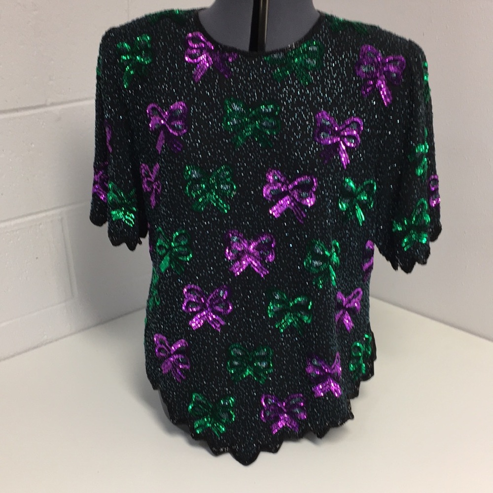 Vtg Monika Green/Purple Sequin/Beaded Dress Top